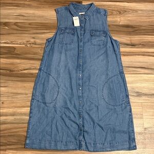 J JILL Denim Size L Sleeveless Dress Tencel Lyocell Linen Chambray Snap Front